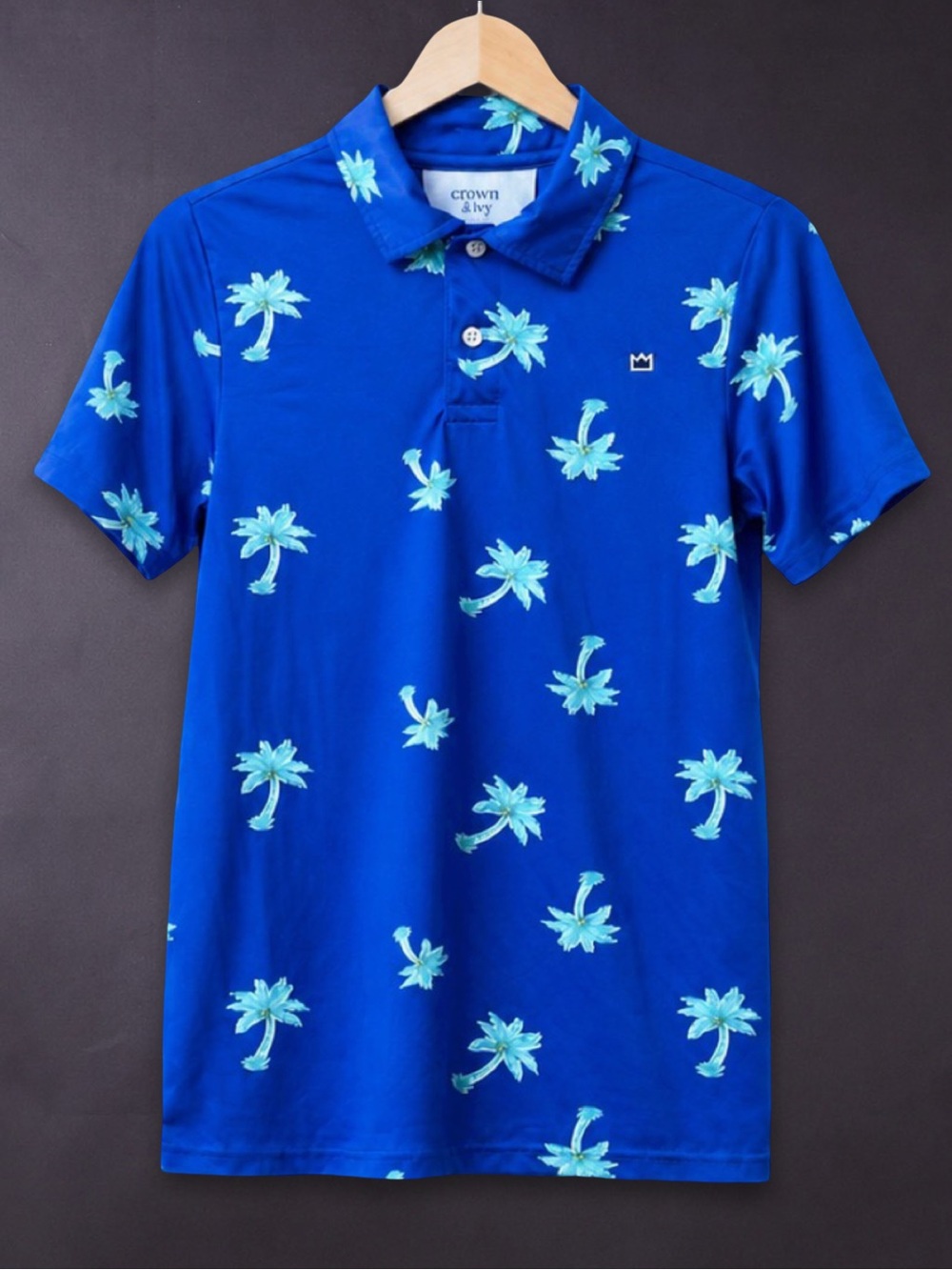 Crown & Ivy Kids Blue Palm Tree Performance Polo Shirt Size M Tropical